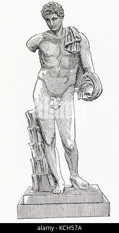 This drawing from 1898 is of the famed statue known as Hermes Belvedere. This coarse-grained white marble statue presently in the Vatican Museum is a Roman copy, dating to between 117 and 138 C.E. of a Greek bronze that dated to the 4th century B.C.E. According to Greek and Roman mythology, Hermes (Mercury to the Romans) was the messenger god. Stock Photo