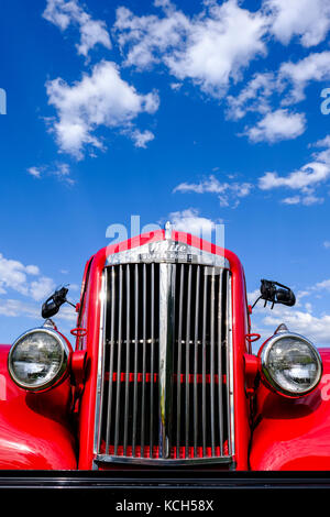 Red vintage 1954 White Super Power truck, restored vehicle built by White Motor Company, at Fleetwood Cruize-In car show, London, Ontario, Canada. Stock Photo