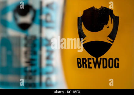 A glass full of beer featuring the logo of the Scottish company BrewDog, stands in front of a bottle of Punk IPA, also produced by the brewery.