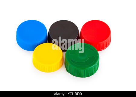 Five colored plastic bottle cap isolated on white background Stock Photo