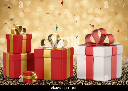 3d rendering of gift boxes with red ribbons tied to colorful balloons ...