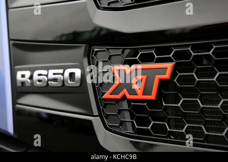 ORIPAA, FINLAND - SEPTEMBER 30, 2017: Close up detail of the new Next Generation Scania R650 XT truck. Stock Photo