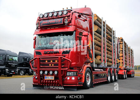 ORIPAA, FINLAND - SEPTEMBER 30, 2017: Beautifully customized Scania R730 year 2016 logging truck of Juha Holm Oy with full timber load on display on L Stock Photo