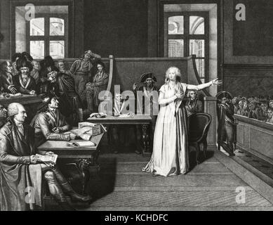 Marie Antoinette (1755-1793). Queen consort of France. On October 16, 1793, she was tried and convicted. Marie Antoinette in court. Engraving. Stock Photo