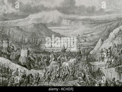 Second Punic War (218-201 BC). War between Romans and Carthaginians for the domination of the Mediterranean. The Carthaginian general Hannibal (ca.247-183 BC) during the crossing of the Alps. Engraving. Stock Photo