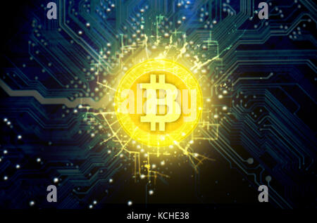 A cryptocurrency bitcoin hologram in gold and silver physical coin form hovvering over a computer circuit board Stock Photo