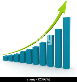 Green arrow on blue graph image with hi-res rendered artwork that could be used for any graphic design. Stock Photo