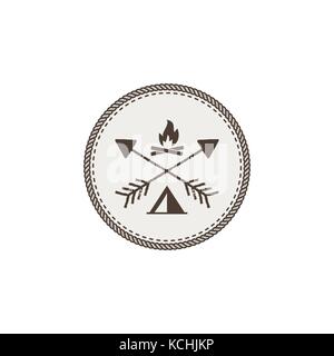 Outdoor activity patch. Adventure icon with bonfire and tent. Stock vector illustration isolated on white background Stock Vector