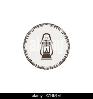 Vintage camping lantern patch isolated on white background. Retro gas lamp with glowing fire wick. Stock Vector illustration. Retro hand drawn design Stock Vector