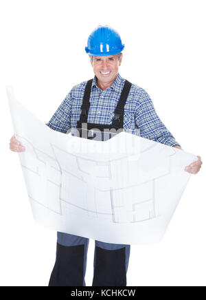 Male Architect Holding Blueprint Over White Background Stock Photo