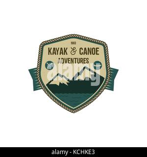 Kayak and Canoe adventures badge. Scout adventure camp emblem. Vintage hand drawn design. Retro colors. Stock vector illustration, insignia, rustic patch. Isolated on white background Stock Vector