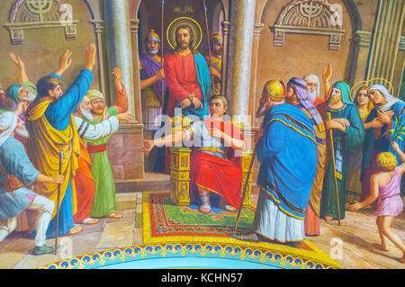 POCHAYIV, UKRAINE - AUGUST 30, 2017: Large fresco on the ceiling of St Job Church depicts Pilate's court scene from the Holy Bible, Pochayiv Lavra Stock Photo