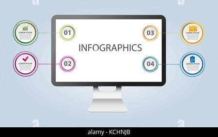 Vector illustration in the form of computer monitor with circular infographics. Chart, circles, web design 4 step for business presentations. Stock Vector