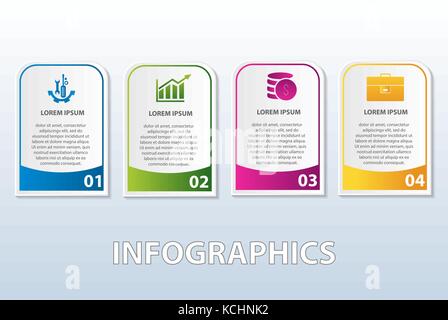 Vector illustration. Template of infographics in the form of a rectangle with rounded edges. 3d style with four steps. Used for business presentations Stock Vector