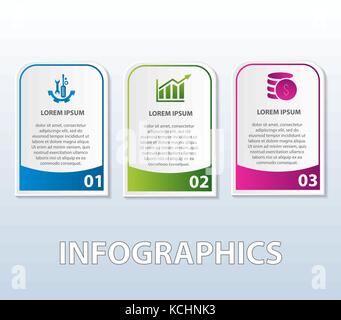 Vector illustration. Template of infographics in the form of rectangle with rounded edges. 3d style with three steps. Used for business presentations, Stock Vector