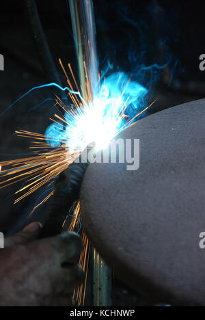 picture of a process of welding. sparks and heat Stock Photo