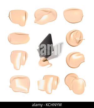 smear paint of makeup liquid foundation on white background with black sponge Stock Photo