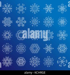 Set of minimalistic line geometrical snowflakes, vector illustration. Snowflake collection - lined decorative flakes, modern icon. Christmas snowflake design, line and geometric Stock Vector