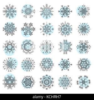 Set of minimalistic line geometrical snowflakes, vector illustration. Snowflake collection - lined decorative flakes, modern icon. Christmas snowflake design, line and geometric Stock Vector