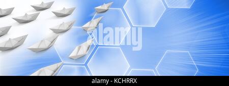 Digital composite of Group of Paper boats on blue background Stock Photo