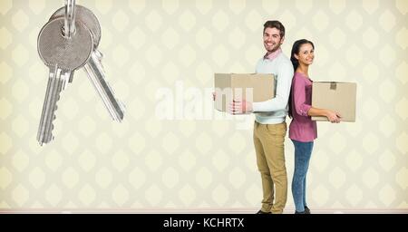 Digital composite of people moving boxes into new home with key Stock Photo