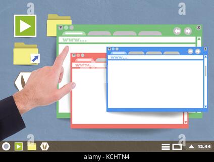 Digital composite of Hand touching Many Website windows on Paper cut out desktop Stock Photo
