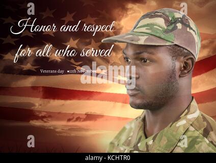 Digital composite of veterans day soldier in front of flag Stock Photo