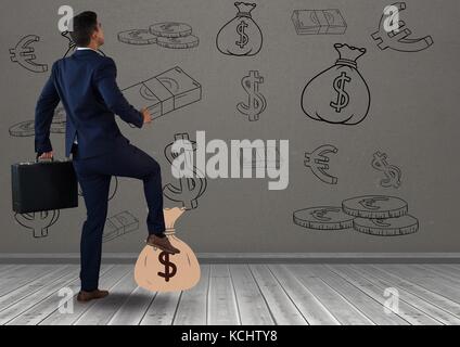 Digital composite of businessman in front of money on wall Stock Photo