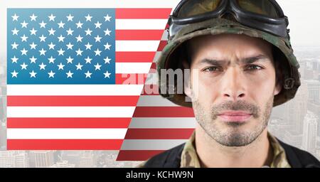 Digital composite of veterans day soldier in front of flag Stock Photo