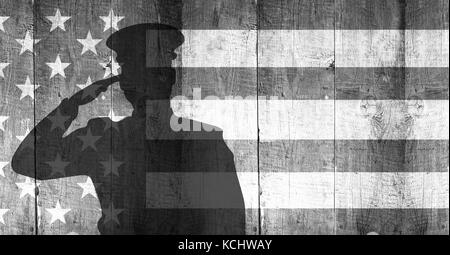 Digital composite of veterans day soldier in front of flag Stock Photo