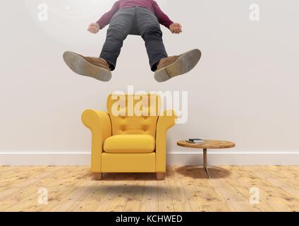 Digital composite of Man floating up from armchair in room Stock Photo