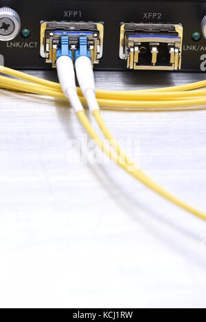 Gigabit interface converter type XFP with optical network cables on metal grey background with copy space Stock Photo