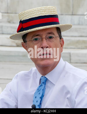 Stephen Colbert, host of the Comedy Central show 'The Colbert Report' works on a bit with United States Representative Jack Kingston (Democrat of Georgia) around the the U.S. Capitol Reflecting Pool in Washington, D.C. on Friday, October 3, 2014. Credit: Ron Sachs / CNP (RESTRICTION: NO New York or New Jersey Newspapers or newspapers within a 75 mile radius of New York City) /MediaPunch Stock Photo