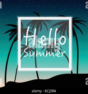 Hello Summer wallpaper with palm trees and sunset. Stock Vector