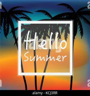Hello Summer wallpaper with palm trees and sunset. Stock Vector