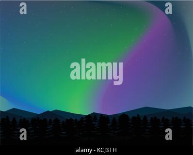 Mountain Northern Landscape Night With Aurora Stars Sky Background. Vector Illustration. Stock Vector