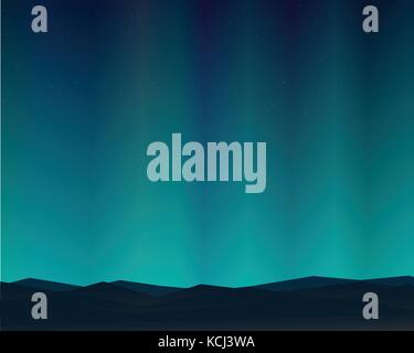 Mountain Northern Landscape Night With Aurora Stars Sky Background. Vector Illustration. Stock Vector