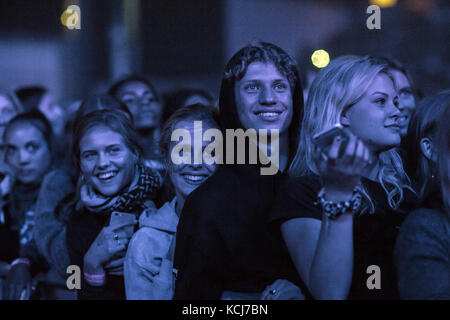 Justin Bieber fans, so called Beliebers, attend a live concert with he Canadian singer and songwriter Justin Bieber at Telia Parken in Copenhagen. The concert was part of the Purpose World Tour 2016. Denmark, 02/10 2016. Stock Photo