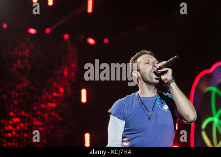 The British rock band Coldplay performs a live concert at Telia Parken in Copenhagen. Here lead singer, musician and songwriter Chris Martin is seen live on stage. Denmark, 05/07 2016. Stock Photo