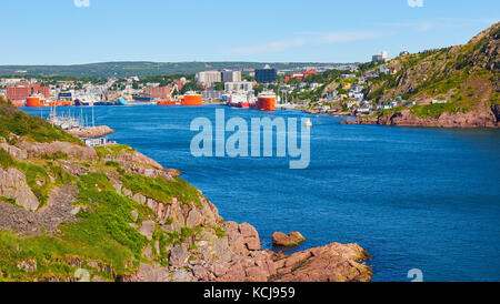 View from Fort Amherst across the Narrows (only entrance to St John's harbour) to Signal Hill and port of St John's, Newfoundland, Canada Stock Photo