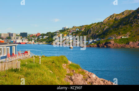 View from Fort Amherst across the Narrows (only entrance to St John's harbour) to Signal Hill and port of St John's, Newfoundland, Canada Stock Photo