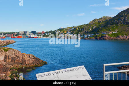 View from Frederick's Cove across the Narrows (only entrance to St John's harbour) to Signal Hill and port of St John's, Newfoundland, Canada Stock Photo