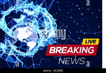 Breaking News Live Banner on Blue Glowing Plexus Structure Background with Earth Planet. World News on Abstract Geometric Network with Connecting Lines and Triangles. Technology Vector Illustration. Stock Vector