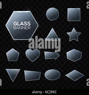 Glass plates set. Triangle, square, rectangle, hexagon, pentagon, star, heart, circle textured frames with glow and light on transparent background. Technology shapes. Realistic vector illustration. Stock Vector