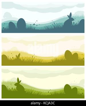 Set of Easter banners with silhouette of eggs, bunny, field, clouds, grass and butterflies Stock Vector