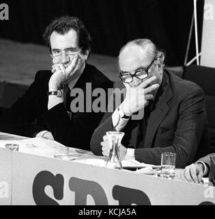 SDP founder members Bill Rogers (l) and leader Roy Jenkins during the second phase of the Party's rolling conference in Derby. The last phase gets under way at Great Yarmouth tomorrow. Stock Photo