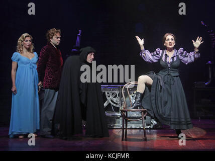 (left to right) Summer Strallen as Inga, Hadley Fraser as Frederick Frankenstein, Ross Noble as Igor and Lesley Joseph as Frau Blucher, at a photocall for Mel Brooks' musical comedy Young Frankenstein, at the Garrick Theatre, London Stock Photo