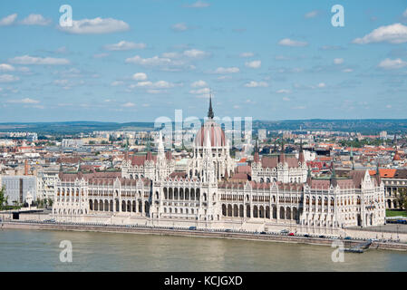 An aerial cityscape view of the Hungarian Parliment Building on the Danube river in Budapest on a sunny day with blue sky. Stock Photo