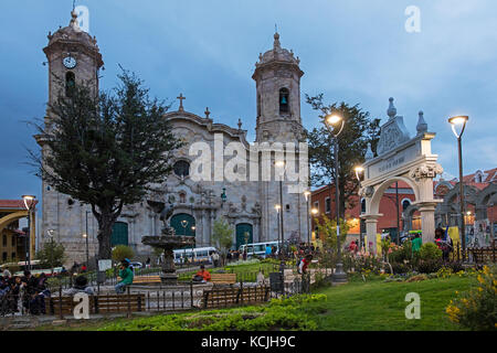 Cathedral Basilica of Our Lady of Peace in Neoclassical style at the plaza 10 de Noviembre at dusk in the city Potosi, Tomás Frías, Bolivia Stock Photo