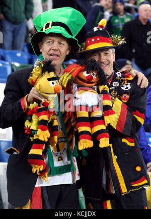 Northern Ireland and Germany fans during the 2018 FIFA World Cup Qualifying, Group C match at Windsor Park, Belfast. Stock Photo